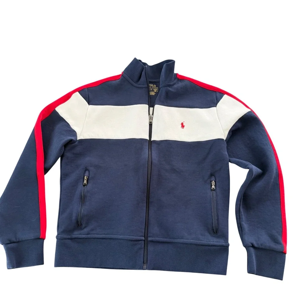 Polo Ralph Lauren Boys Navy Blue Colorblock Full Zip Track Jacket Size L 14-16